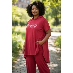 On Fire Women's 1X Red Happy Graphic Short Sleeve Hooded Tunic Top 100% Cotton